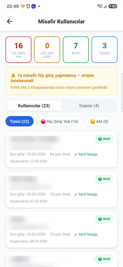 Misafir Kullanıcılar ekranı