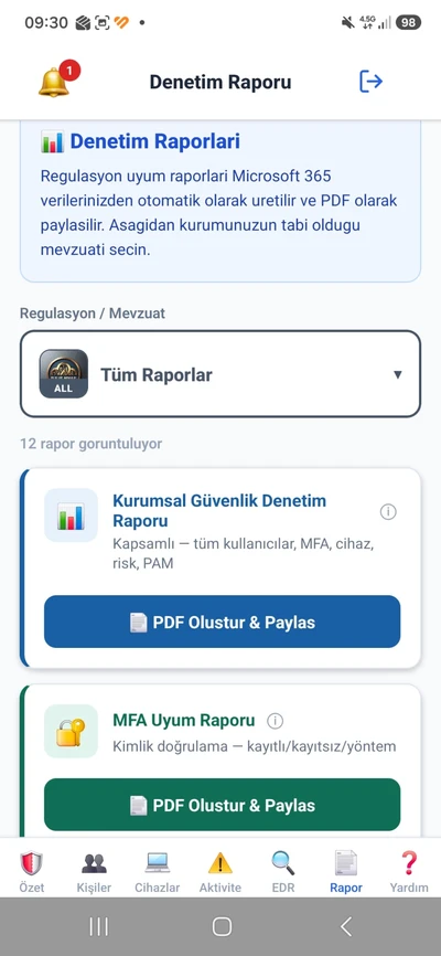 Denetim Raporları (PDF) ekranı